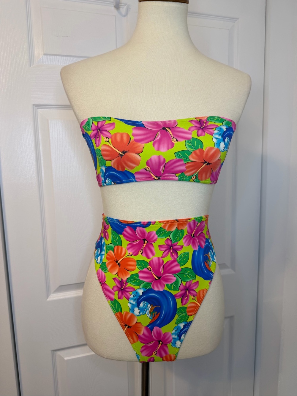 Frankie’s Bikini Tropical Floral Bandeau Bikini Set in Neon Surfer Floral Print